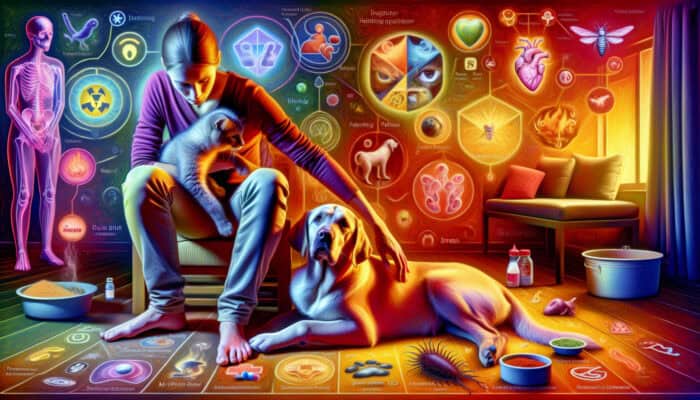 When to See Vet for Pet Vomiting: A worried pet owner comforts a vomiting dog and cat in a cozy home, surrounded by symbols of spoiled food, foreign objects, parasites, and stress.