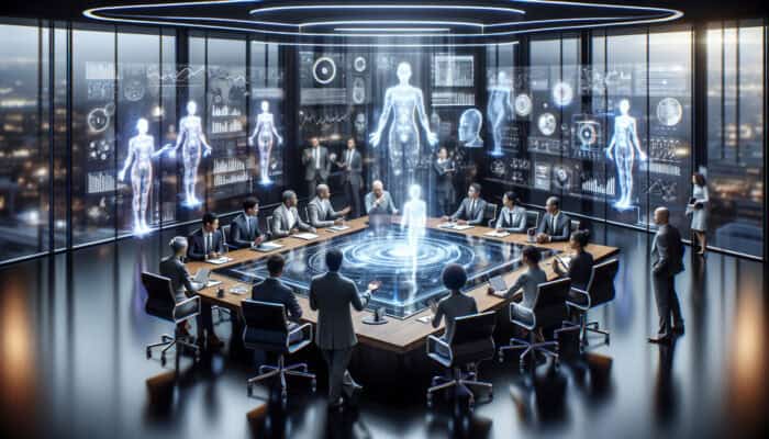 Diverse professionals collaborate in a futuristic boardroom around a glowing holographic map, aided by ethereal AI virtual assistants.