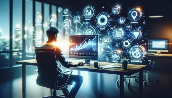 A digital marketer in a modern office analyzes a dashboard showing rising SEO graphs for traffic and keywords, with holographic influencer icons and engagement metrics.
