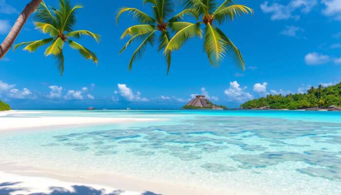 A stunning beach in Belize with white sand, turquoise waters, lush palm trees, a vibrant coral reef, and ancient Mayan ruins visible in the jungle.