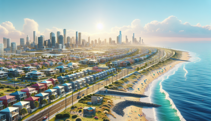 Vibrant coastal scene in Kempton Park: affordable homes along the shoreline, with upgraded roads, public transport, schools, parks, and shopping centres under a sunny sky.