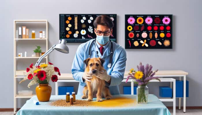 Veterinarian examines scruffy dog with red, itchy skin in clinic, surrounded by flowers, pollen, and allergens, with chart contrasting allergy and infection symptoms.