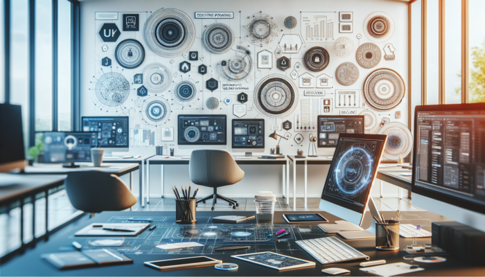 Professional WordPress Website Design Company in Cheltenham, showcasing a modern design studio with experts creating responsive WordPress sites for UK users, featuring screens, flags, and security symbols.