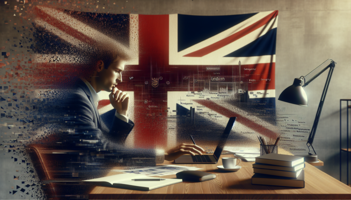 An attentive entrepreneur in a contemporary London office reviews WordPress websites on a laptop, surrounded by notebooks and a Union Jack flag.