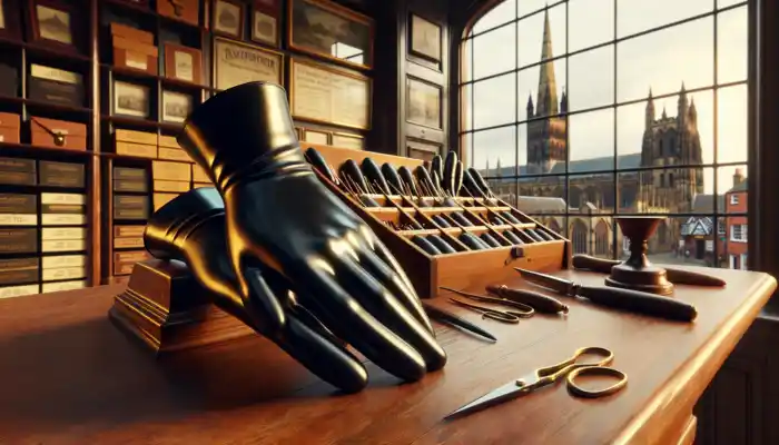 Black latex gauntlet gloves showcased on a wooden counter in a historic Lichfield shop, with a cathedral spire visible through the window illuminated in golden light.