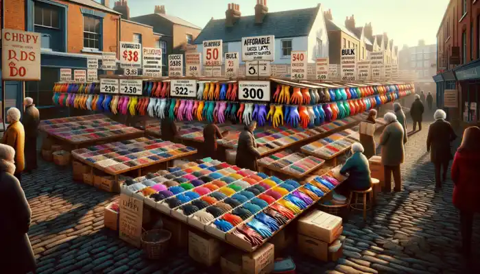 A bustling market stall in Lichfield showcases affordable latex gauntlet gloves with discount signs, as shoppers compare prices under bright sunny skies.