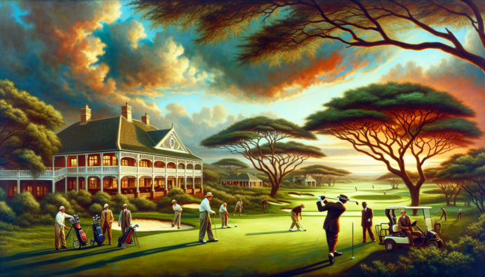 1920s golfers in vintage attire teeing off at Waterkloof Golf Club, with colonial clubhouse, acacia trees, and dramatic sunset.
