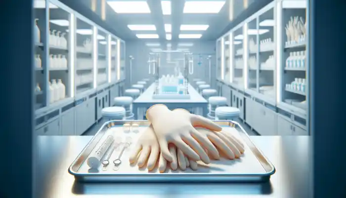 Sterile Latex Gloves in Reading: Close-up of sterile latex gloves in a pristine UK laboratory, displaying durable material, various sizes on a clean tray.