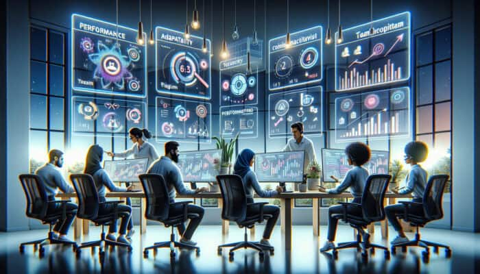 Remote virtual assistants in ergonomic home offices analyse performance metrics on screens, surrounded by communication tools and feedback charts.