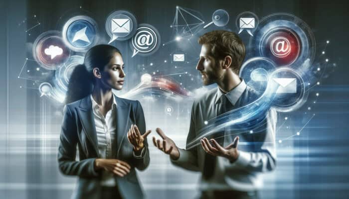 Two professionals in a modern office: one speaking passionately, the other nodding empathetically, with speech bubbles and email icons symbolising trust and collaboration.