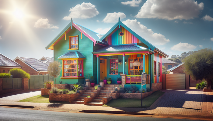 A freshly painted entry-level home in Pretoria's suburbs, with vibrant eco-friendly colors harmonising with the African landscape under a sunny sky.