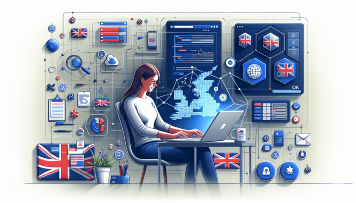 A vibrant illustration of a UK business owner setting up an e-commerce site on a laptop, with icons for domain registration, payments, accessibility, compliance, and Union Jack flags.