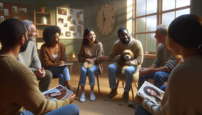 Diverse people in a cozy, warmly lit room sharing pet stories; one hesitantly holds a dog photo as a facilitator smiles encouragingly.