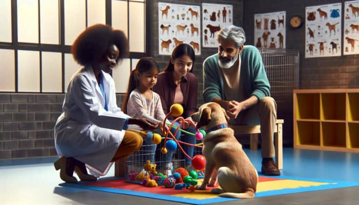 Behavioural Assessments for Pet Adoptions: A behaviourist observes a curious dog playing with a diverse family in a sunny shelter, utilising charts and toys for compatibility assessment.