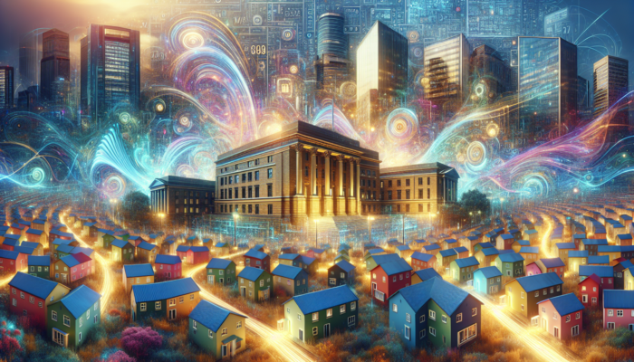 Illustration of South African Reserve Bank's Johannesburg headquarters with swirling repo and prime rate graphs over Aliwal North houses and novice buyers under a sunny sky.