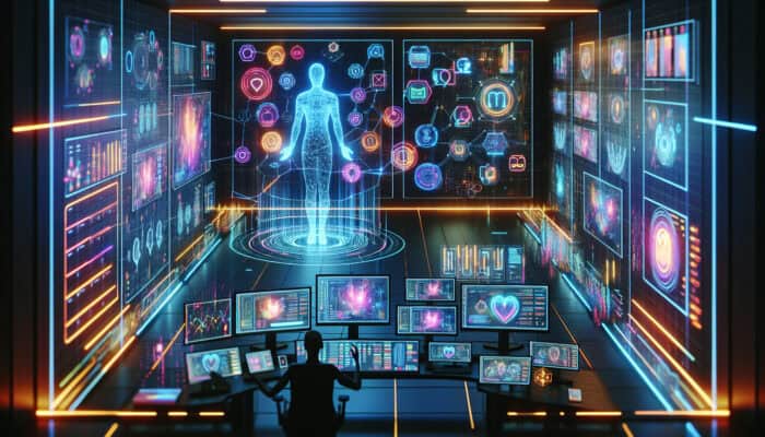 Futuristic holographic virtual assistant in high-tech e-commerce centre, managing operations, engaging customers, and monitoring inventory with neon interfaces.