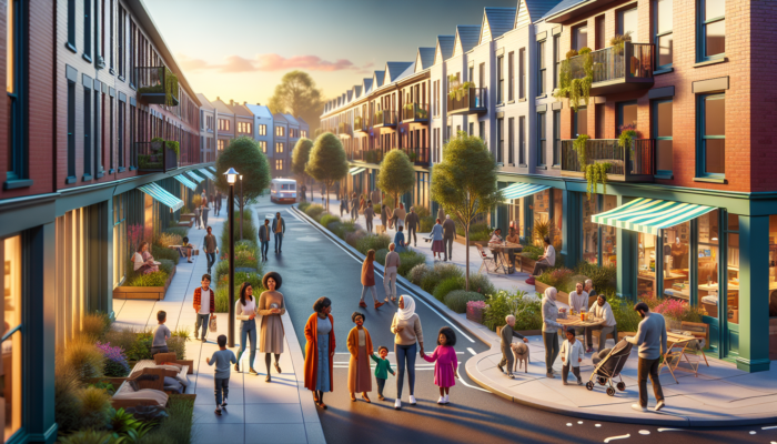 Vibrant mid-market street at golden hour: families chatting outside affordable homes, children playing in a leafy park, bustling diverse shops, and nearby public transport.