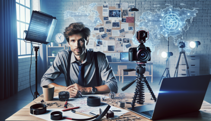 A motivated small business owner in a stylish home office sets up a camera on a tripod, ring lights, and laptop with editing software, surrounded by detailed storyboards.