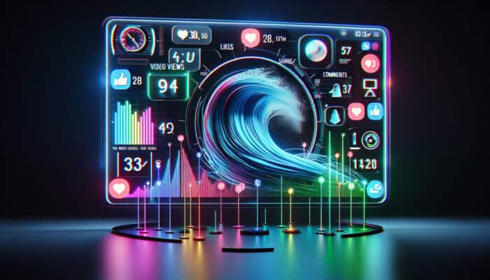 A vibrant digital dashboard showing a surging graph of video views, colourful icons for likes, shares, and comments, and a ticking watch time clock with neon visualisations.