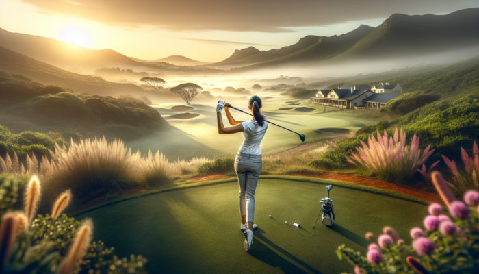 Skilled golfer in professional attire swings on lush Kokstad greens, surrounded by misty hills, wildflowers, and a golden sunset, symbolising expertise.