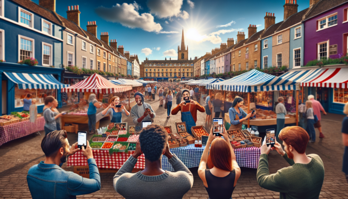 Vibrant market square in Midsomer Norton featuring historic Georgian architecture, colourful stalls, and marketers capturing Instagram moments under a sunny sky.