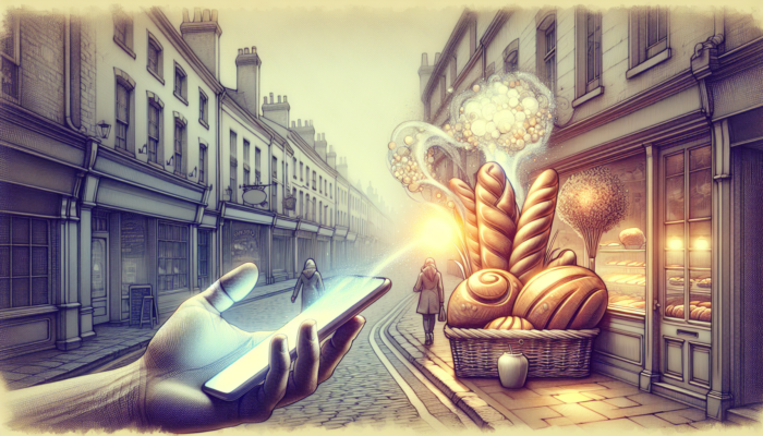 Vibrant Yeovil street scene with a cosy bakery displaying fresh bread; a person viewing a smartphone showing business hours, menu, and customer reviews.