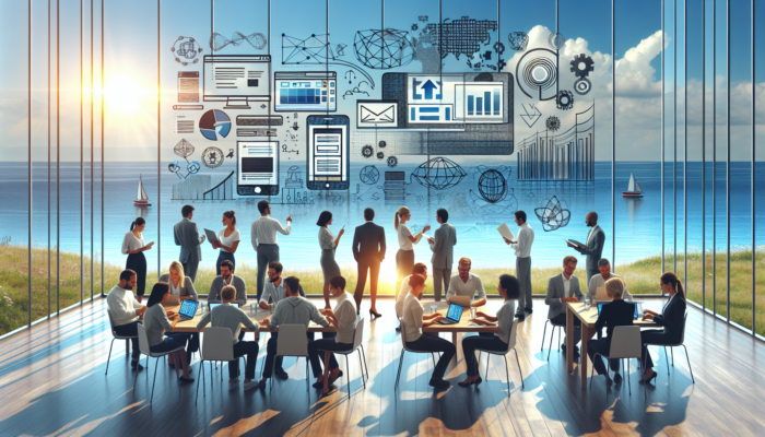 Web Development in Burnham-on-Sea for Small Business: Burnham-on-Sea developers and owners in seaside office design websites on laptops, with growth graphs and coastal views.