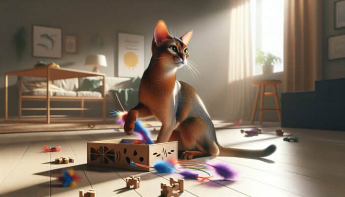 An elegant Abyssinian cat energetically plays with a feather chaser and puzzle box, while another snuggles a plush toy in a sunlit room.