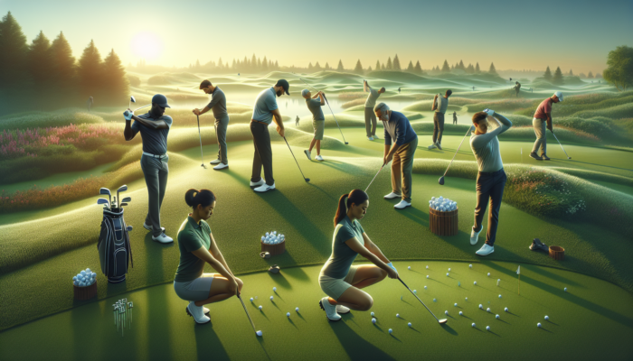 Dedicated golfers warming up on a dew-covered fairway at dawn, stretching, swinging clubs, and practising putts under the gentle glow of the sunrise.