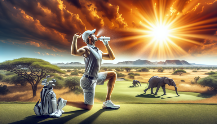 A golfer warming up with stretches on a sunny course near Kruger National Park, surrounded by savanna hills and wildlife, enjoying a drink and applying sunscreen.