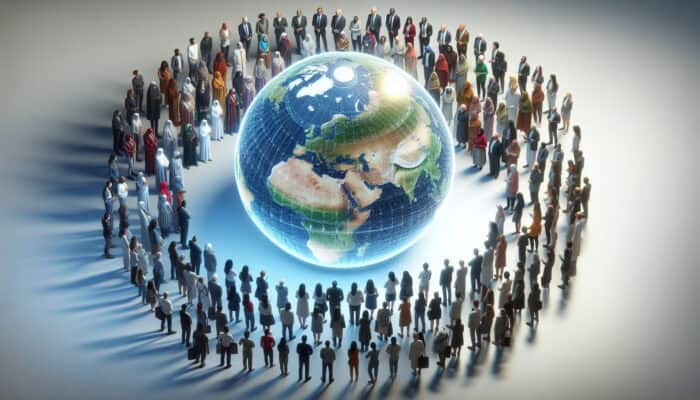 Compliance With International Laws For Human VAs: Diverse individuals from various cultures gather around a luminous globe etched with UN Guiding Principles, symbolising human rights, accountability, and transparency.