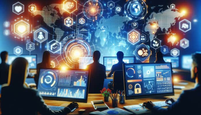 Marketers analysing global surveys in a digital workspace, with glowing screens showing interactive charts, world maps, backlinks, and SEO icons.