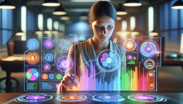A determined marketer in a high-tech office analyses holographic dashboards showing ad metrics, bidding strategies, and real-time budget flows under neon lighting.