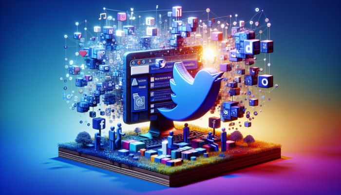 Vibrant illustration depicting a Kingswood business website featuring Facebook and Twitter icons, showcasing users engaging and sharing within an online community.