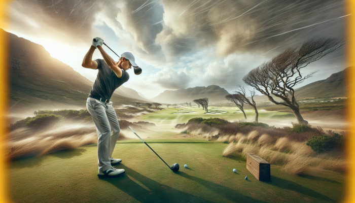 A professional golfer adjusts his driver on a windy South African course at Pearl Valley, with bending trees and a dramatic sky.