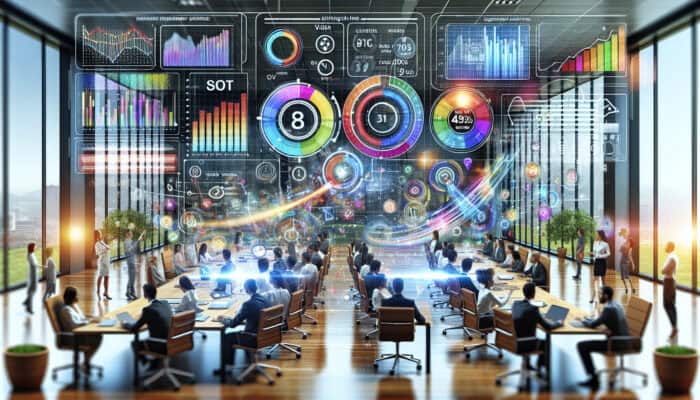 Modern office dashboard showing rising video engagement graphs and declining watch times, with analysts reviewing trends for SEO optimization.