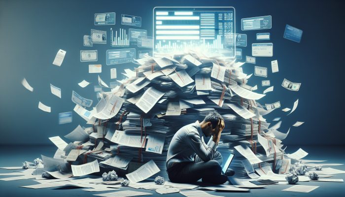 Stressed individual in cluttered home office, surrounded by bills and charts, viewing laptop with debt consolidation options.