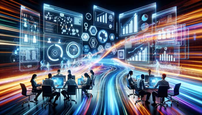 Futuristic digital workspace with SEO experts analysing data on holographic screens, flowing content streams, and upward-trending graphs.