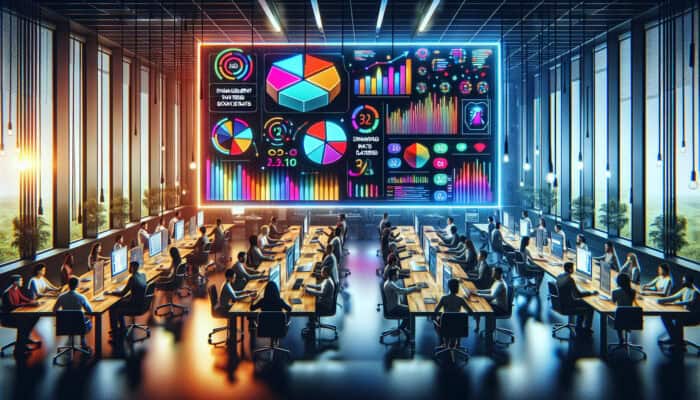 A modern office dashboard displaying graphs of engagement, bounce, and conversion rates, with a team analysing data on screens.