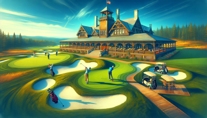 Aerial view of Rondebosch Golf Club in Cape Town: manicured fairways, sand bunkers, historic clubhouse, golfers swinging under a blue sky.