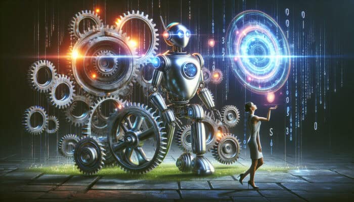 A sleek robot integrates with rusty gears, while an SEO analyst balances a glowing dashboard of shifting algorithms.
