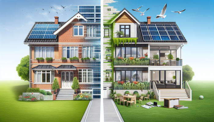 Split-view of 1990s suburban homes with brick houses and green lawns, contrasted by modern eco-friendly developments with solar panels.