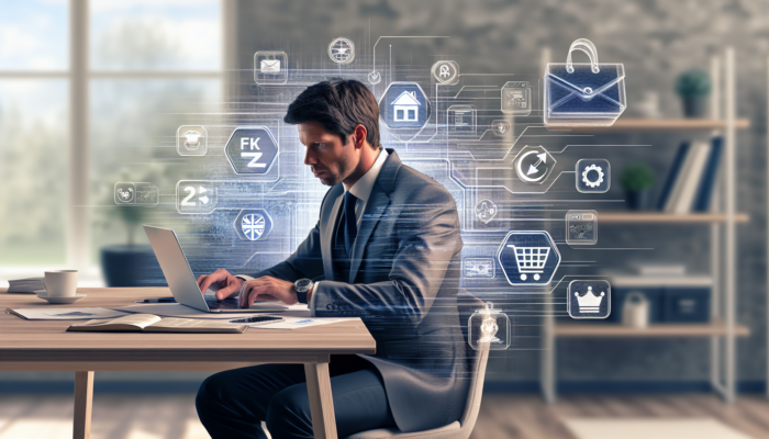 E-commerce Development in Stonehouse for Small Businesses: A confident business owner in Stonehouse, UK, designs an e-commerce website on a laptop, surrounded by icons of shopping carts and inventory graphs.