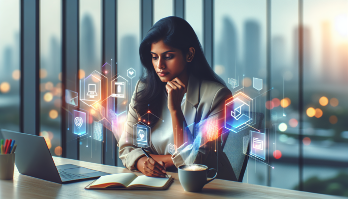 A focused business owner at a modern desk, surrounded by screens showing e-commerce platforms, analytics, notepad, coffee, and city skyline.