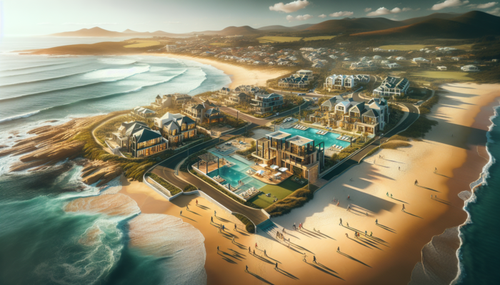 Aerial view of Plettenberg Bay showing luxurious beachfront properties, families walking to a modern school, surrounded by shops, parks, and a clear blue sky.