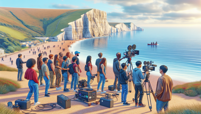 A diverse film crew in Swanage, UK, captures the scenic cliffs and beaches for a small business video, emphasising local talent and community connection.