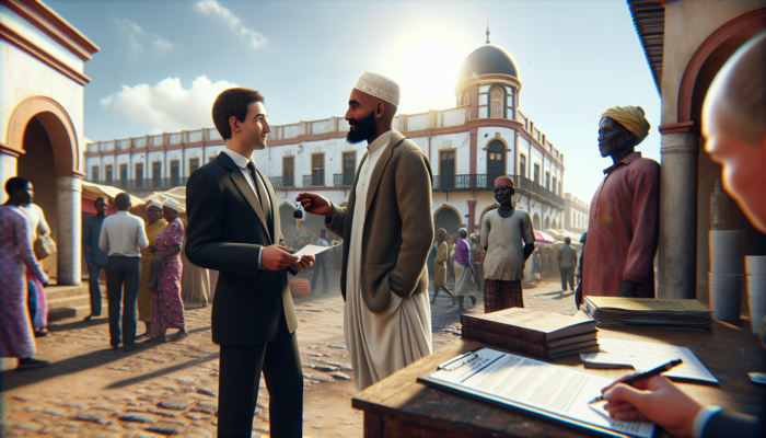 A real estate agent in Makhanda discusses rental agreements with tenants outside a historic colonial building, under a sunny sky with market stalls and locals nearby.