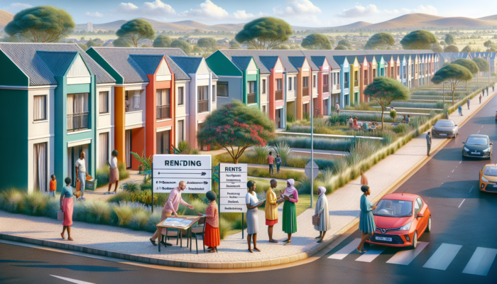 A lively street scene in Makhanda with modern apartments, townhouses, and individuals negotiating rental agreements near shops and parks under a sunny sky.