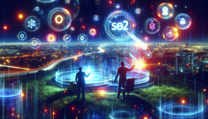 In Patchway's digital landscape, glowing keywords float like stars around a modern office as a strategist weaves them into website content.