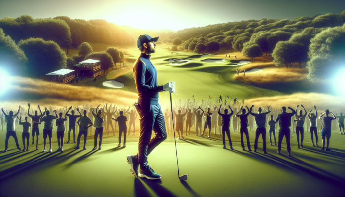 A South African golf influencer in sleek attire stands on Gary Player fairway at sunset, holding a club and engaging fans amid hills.